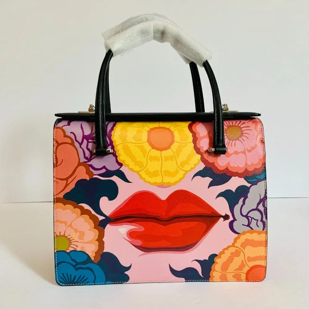 PRADA SAFFIANO LEATHER LIP PRINT HANDLE BAG LIMITED EDITION MADE IN ITALY - Picture 2 of 12